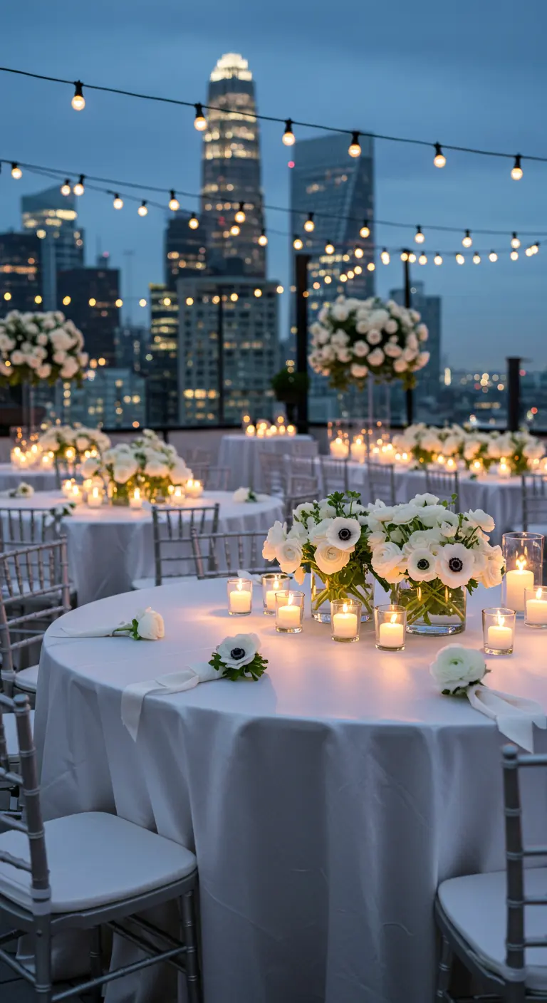 Rooftop wedding reception with city skyline views, string lights, and white anemone centerpieces.