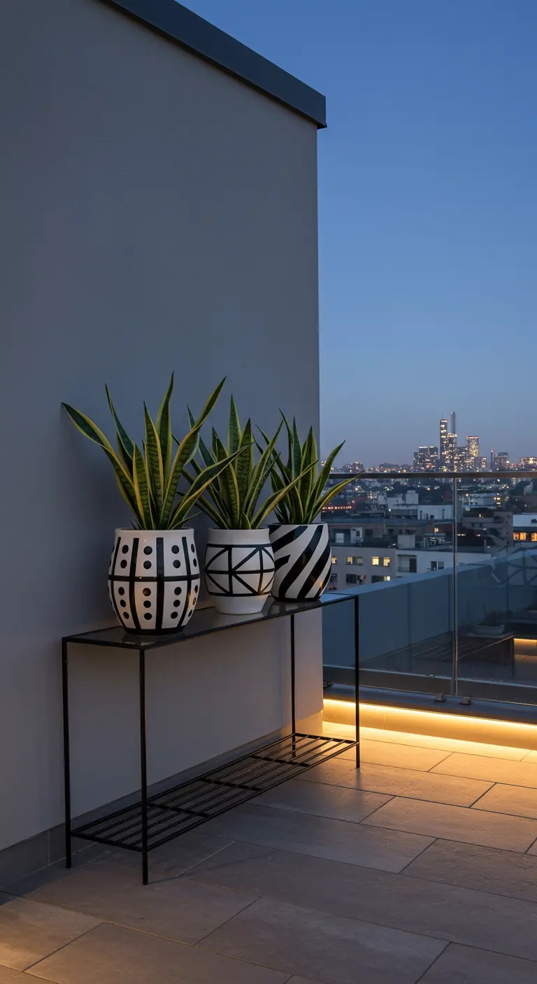 Modern black and white geometric planters with snake plants on a rooftop balcony at dusk.