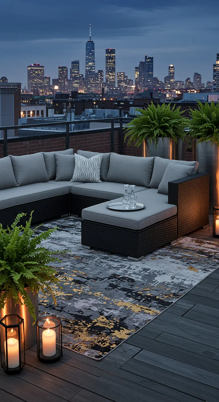 Rooftop patio with a dark sectional, modern rug, and a glittering city skyline at night.