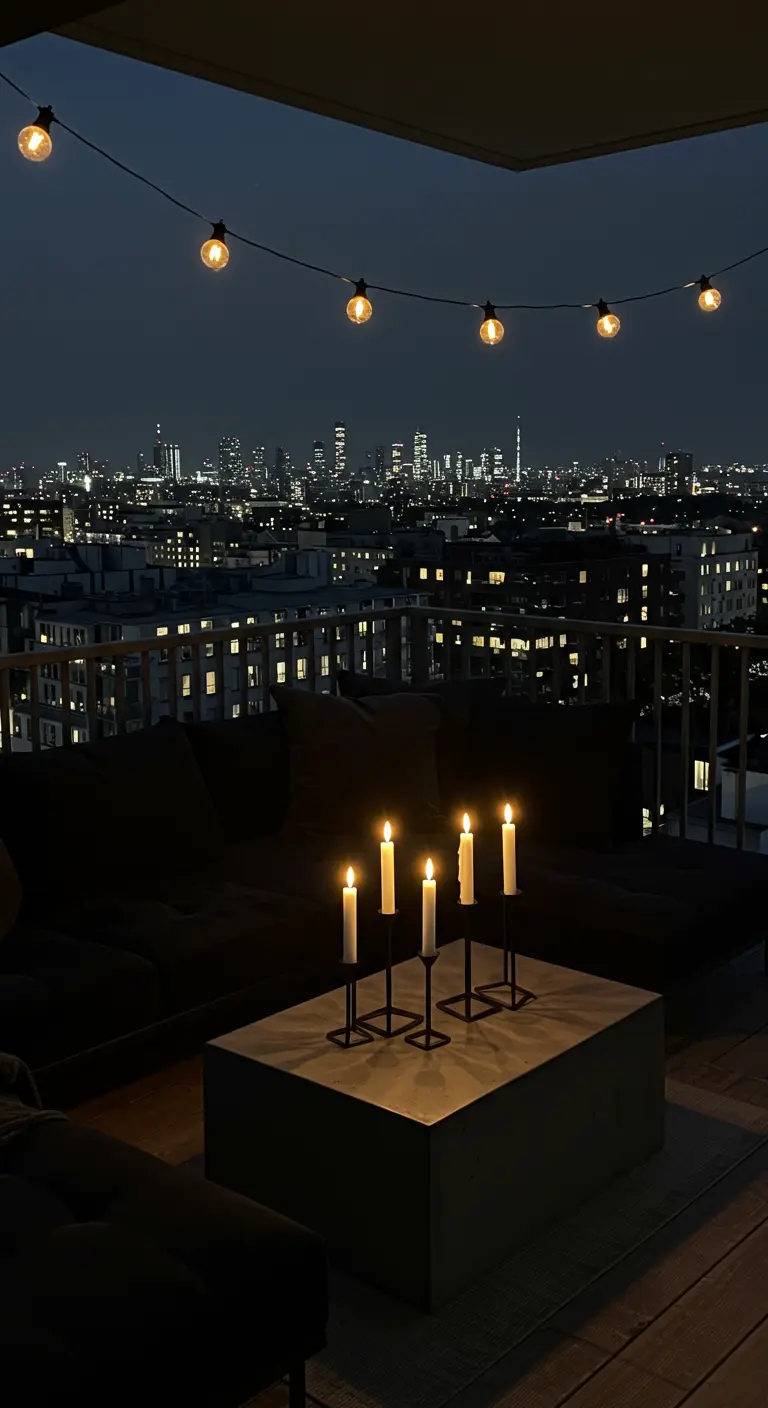 A rooftop balcony at night with a black sofa, string lights overhead, and candles on a coffee table.