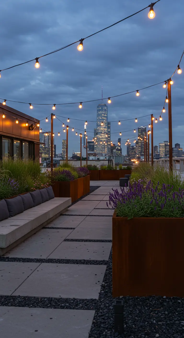 Rooftop terrace with Corten steel planters and a concrete bench under string lights at dusk.