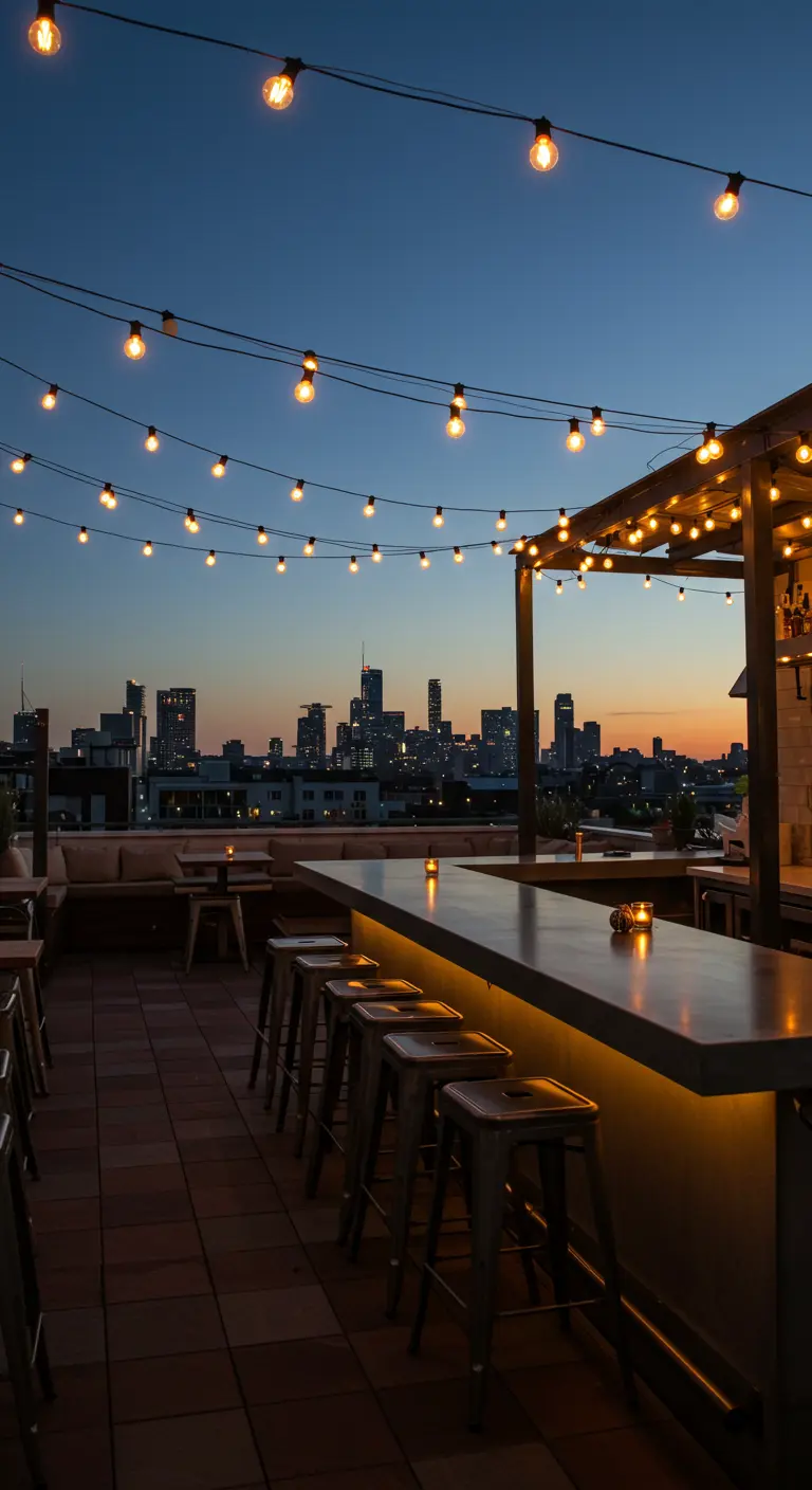Rooftop bar with steel stools and string lights against a city skyline.