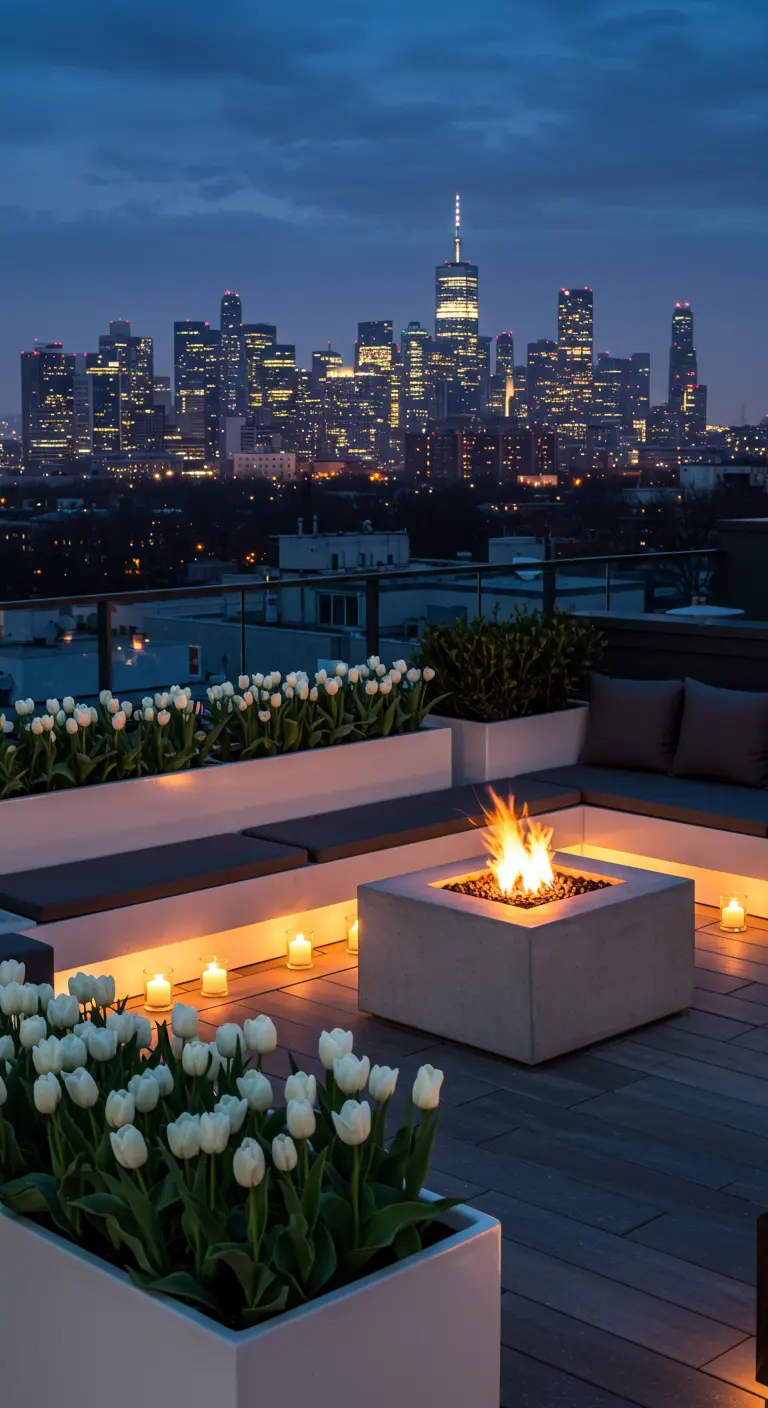 Rooftop patio with white tulips, a fire pit, and a city skyline at dusk.