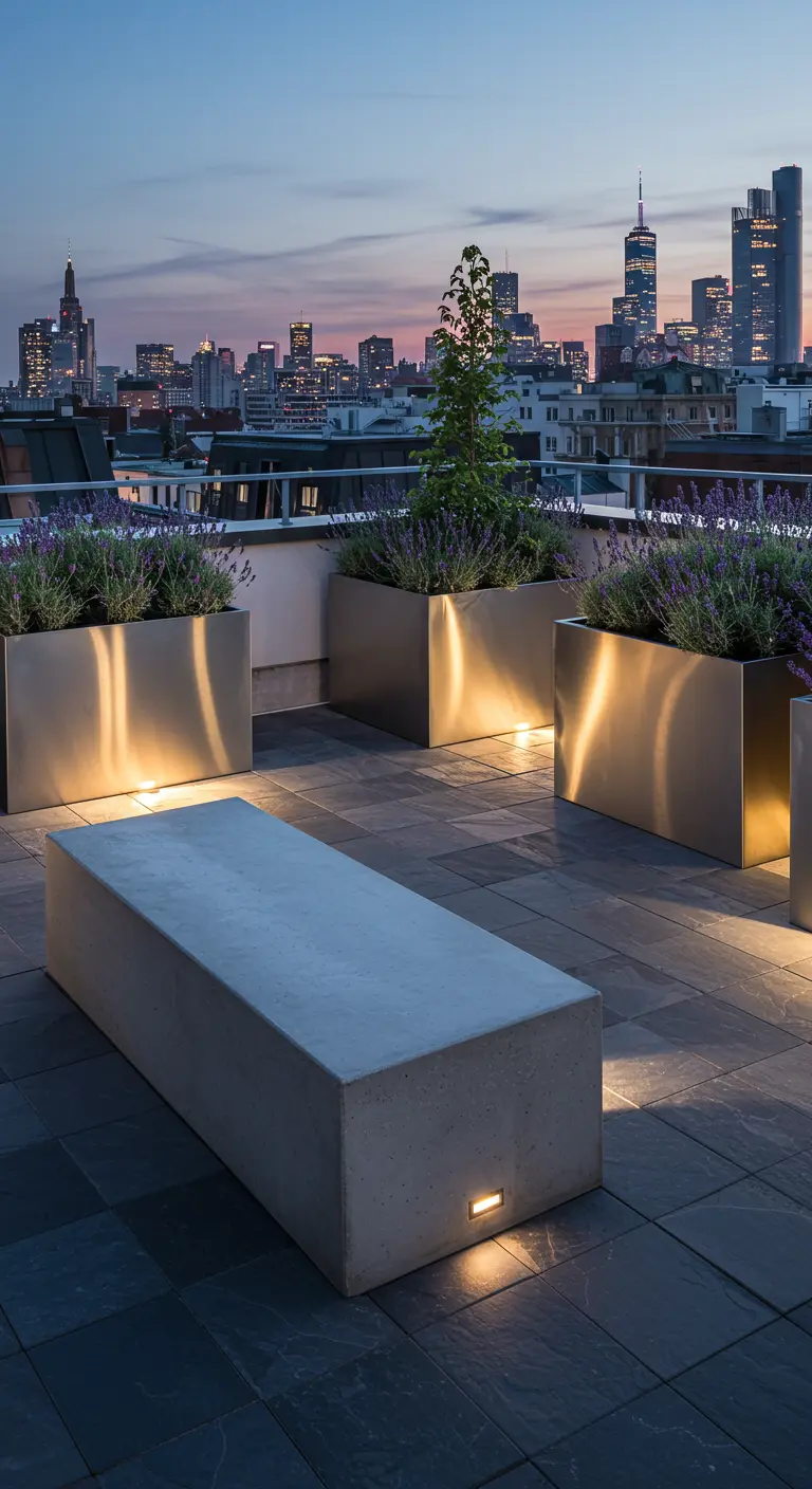 A modern rooftop terrace with a concrete bench, metal planters of lavender, and a city skyline at dusk.