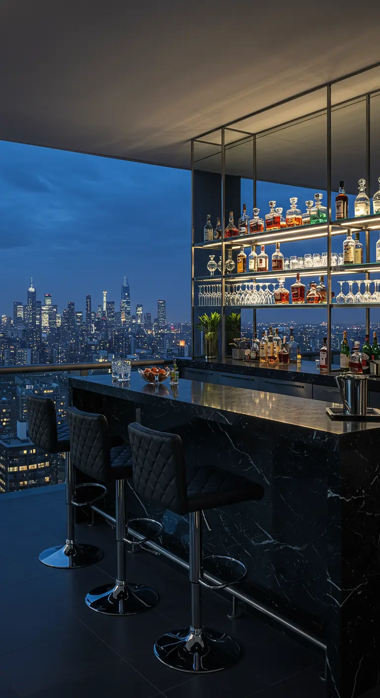 Black marble rooftop bar with quilted leather stools against a city skyline at dusk.