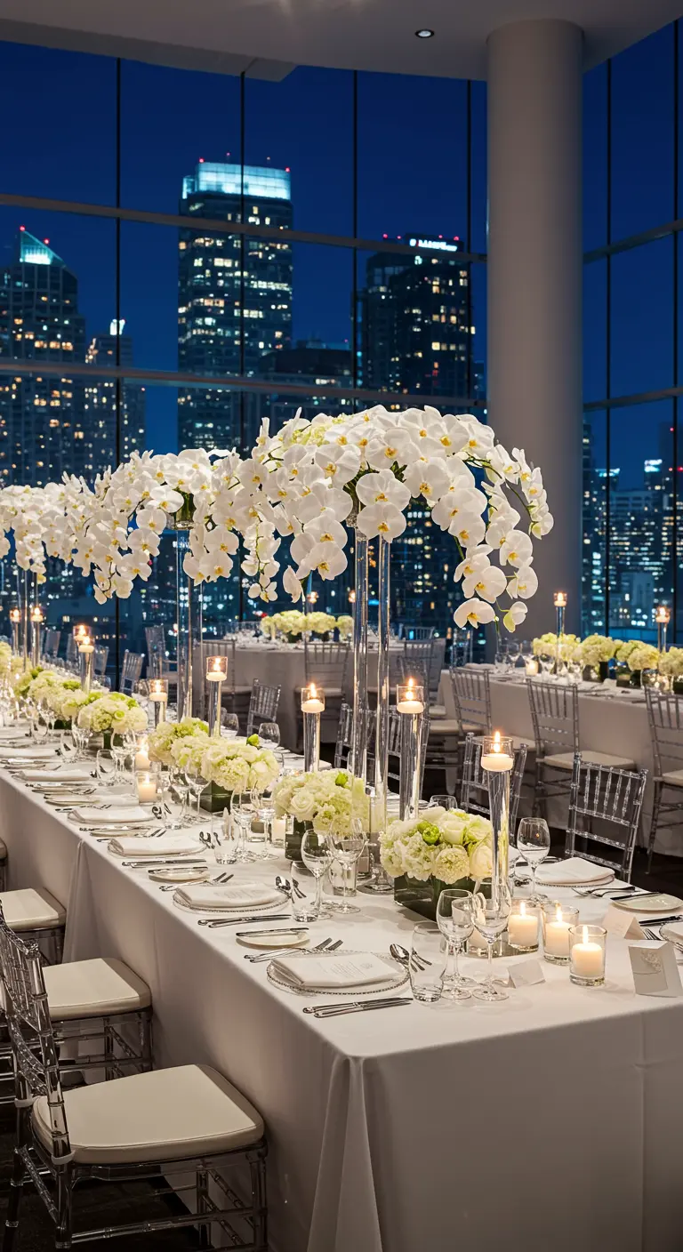 A long white tablescape with tall orchid centerpieces overlooking a city skyline at night.