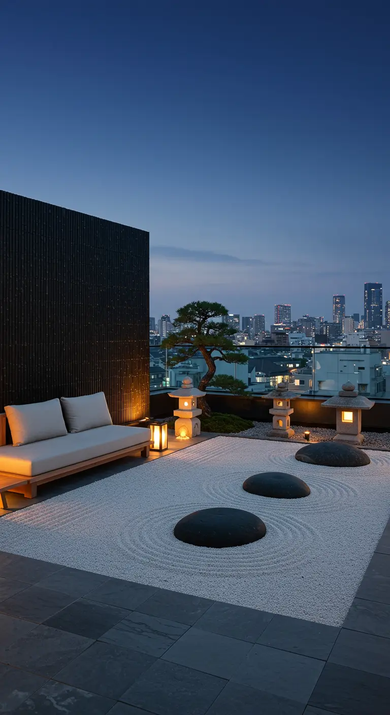 Rooftop zen garden with raked gravel, stone lanterns, and a city view at dusk.