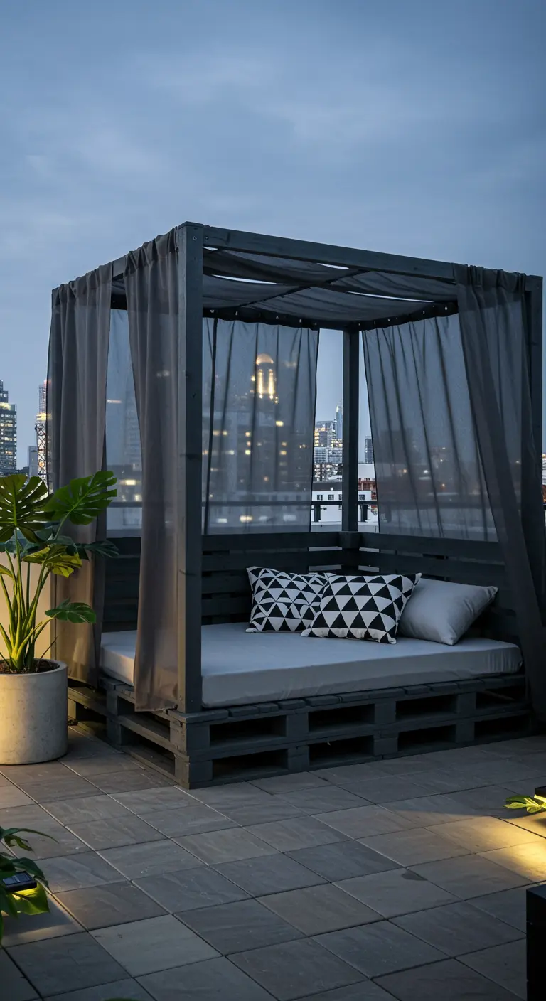 Dark gray pallet canopy bed on a city rooftop with geometric pillows.