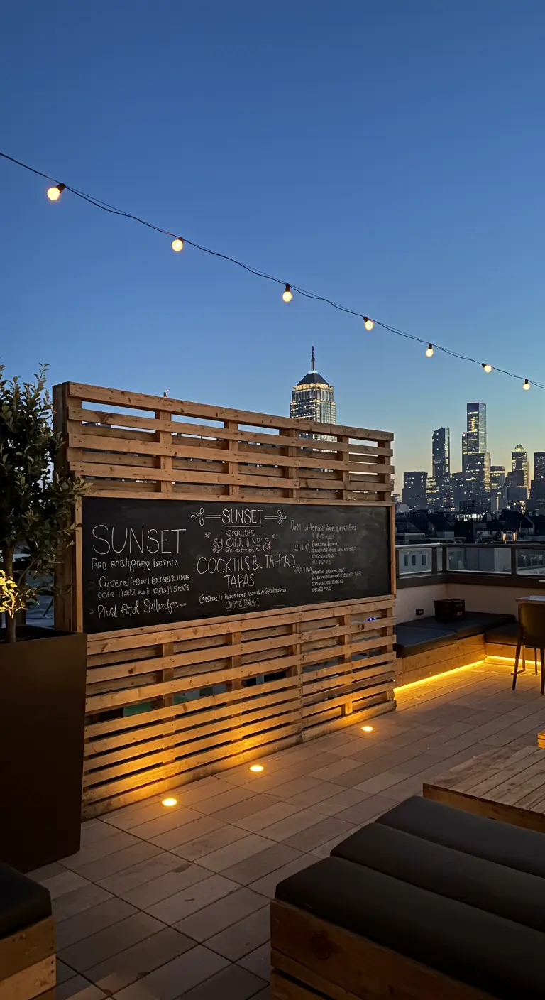 A long chalkboard menu set into a wall made of stacked wooden pallets on a city rooftop.