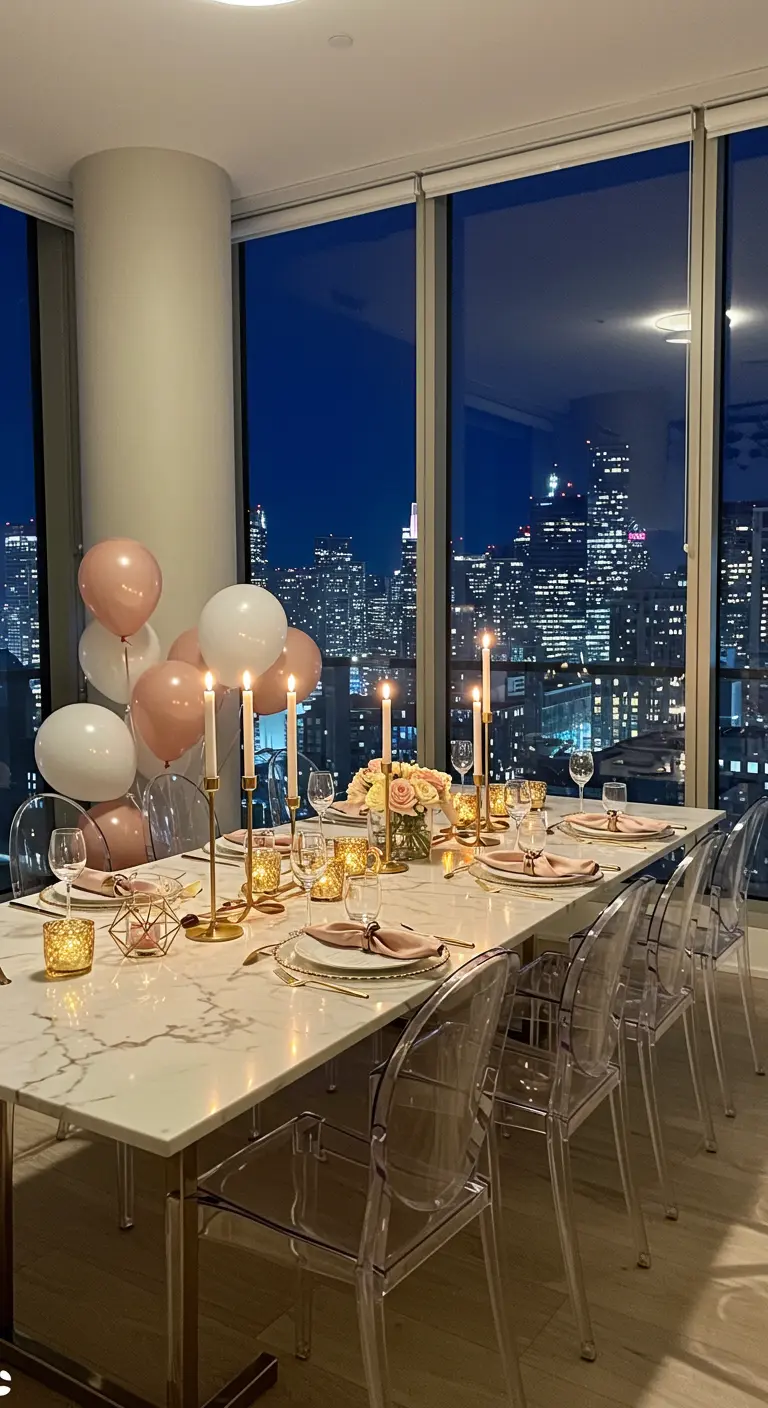 Modern dinner party table with a city skyline view at night, decorated with balloons.