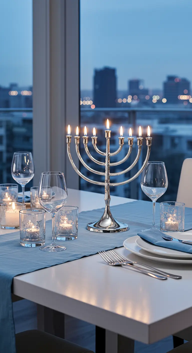 A modern Hanukkah setting with a silver menorah and frosted candle holders against a city skyline.