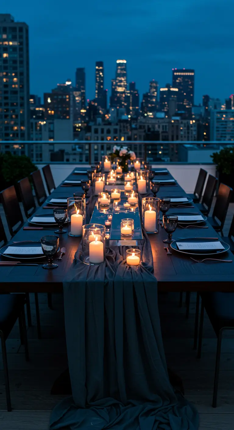 Rooftop dinner table at night with a city view, lined with dozens of candles on a dark runner.