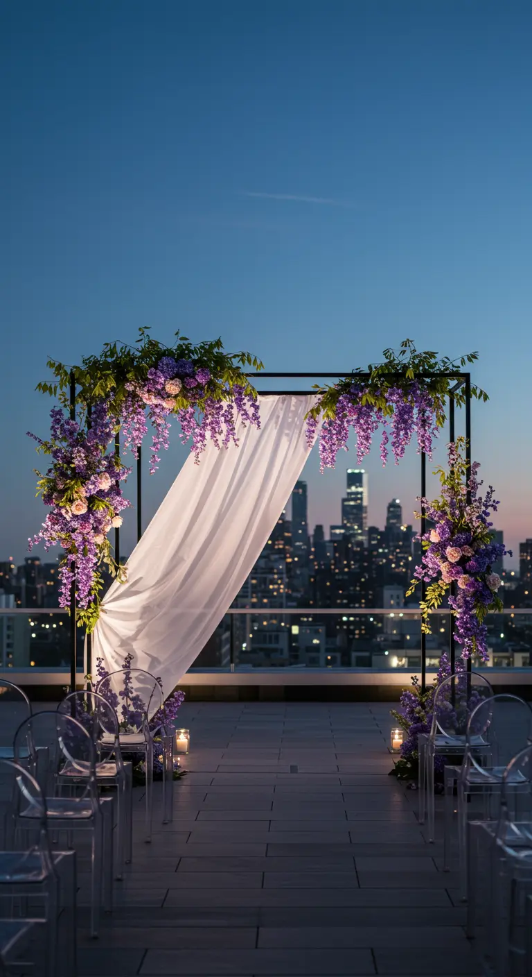 Rooftop wedding arch with purple wisteria against a city skyline at dusk.