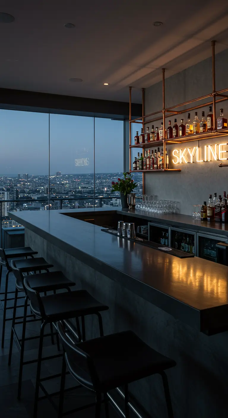 High-rise bar with a dark concrete countertop, copper pipe shelving, and a city skyline view.