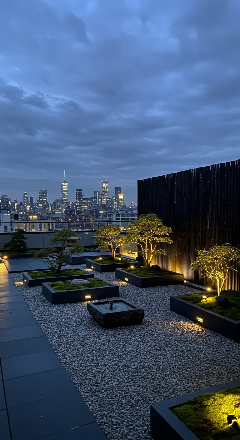 Rooftop garden with illuminated planters and a city skyline at dusk