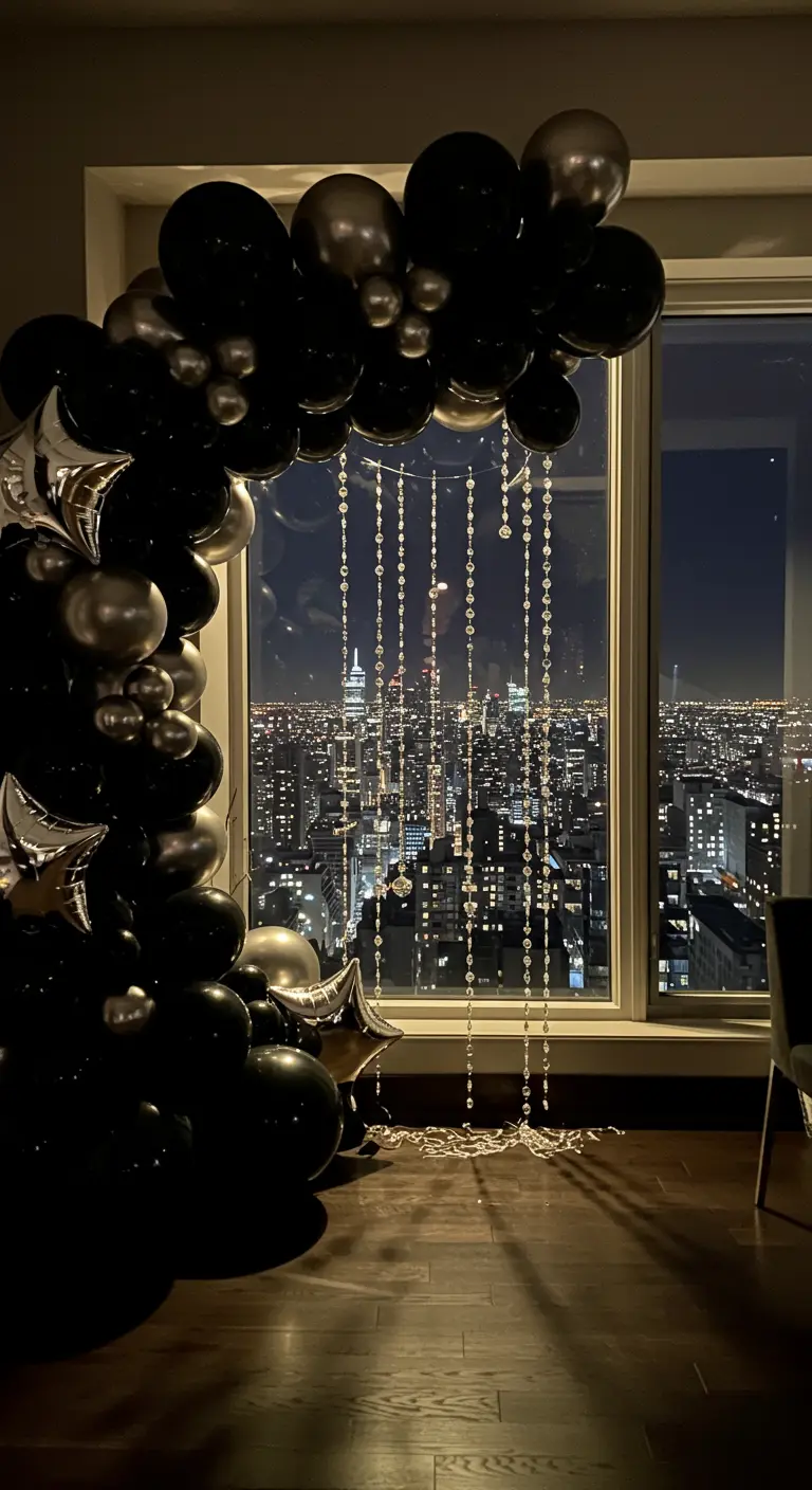 A black and silver balloon arch framing a nighttime city view, with crystal strands.