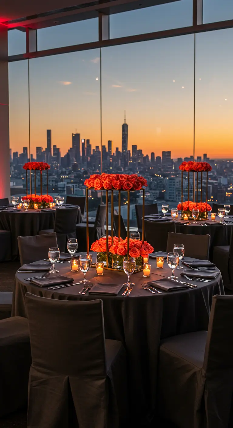 Modern wedding table with minimalist centerpieces overlooking a sunset city skyline.
