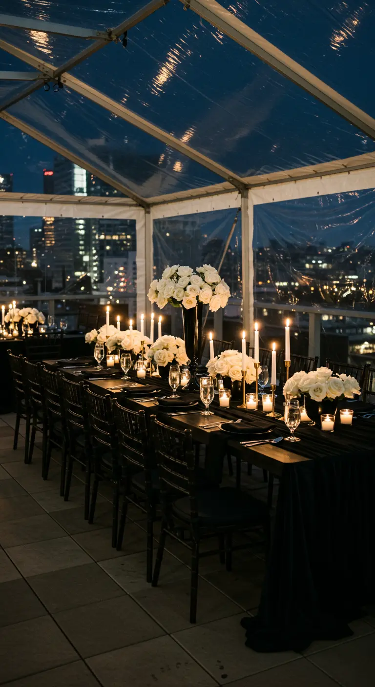 Rooftop wedding table at night with black linens, white roses, and a glowing city skyline.