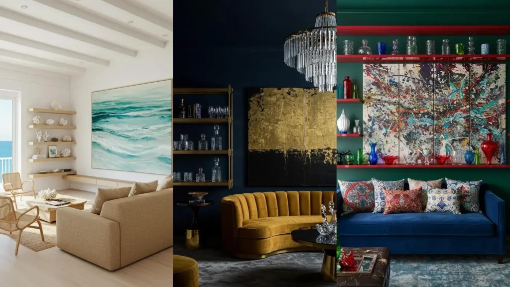 Sleek contemporary lounges with floating shelves, modern seating, and abstract art panels for stylish living room decor.