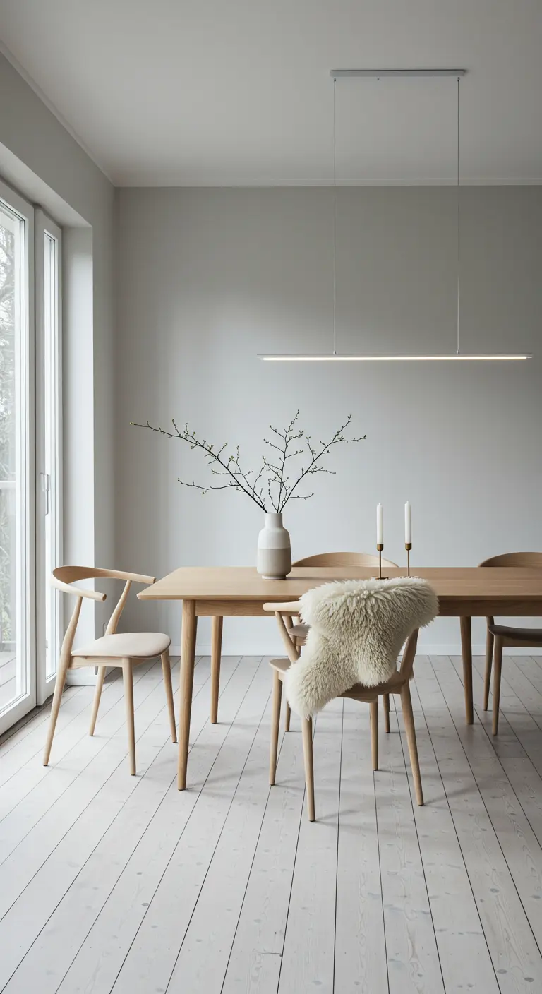 Light oak dining table with minimalist wooden chairs, one with a sheepskin throw, under a modern linear LED light.