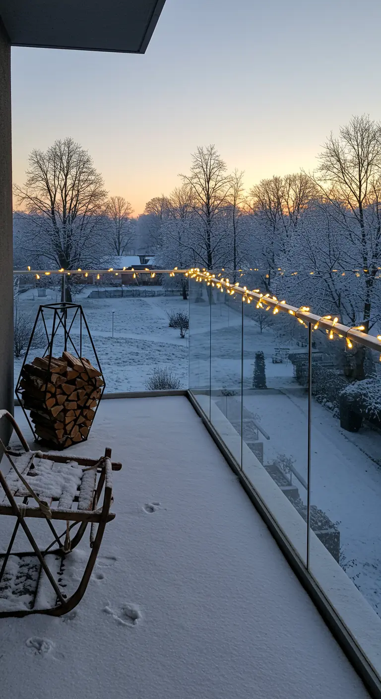 Modern balcony with glass railing, geometric firewood holder, and a vintage sled in the snow.