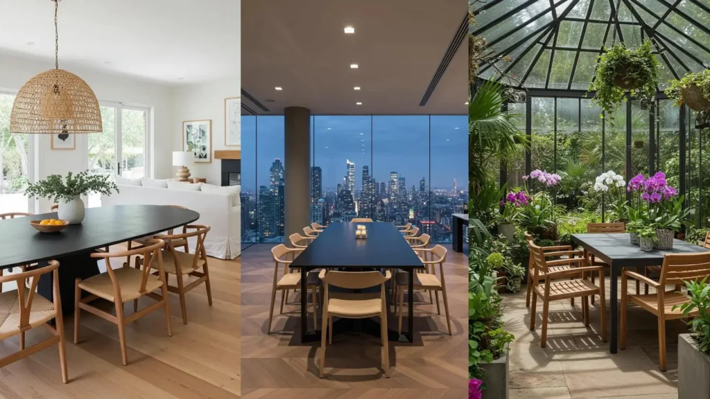 Stylish matte black dining tables contrasted with natural wood chairs in bright, urban, and garden dining settings.