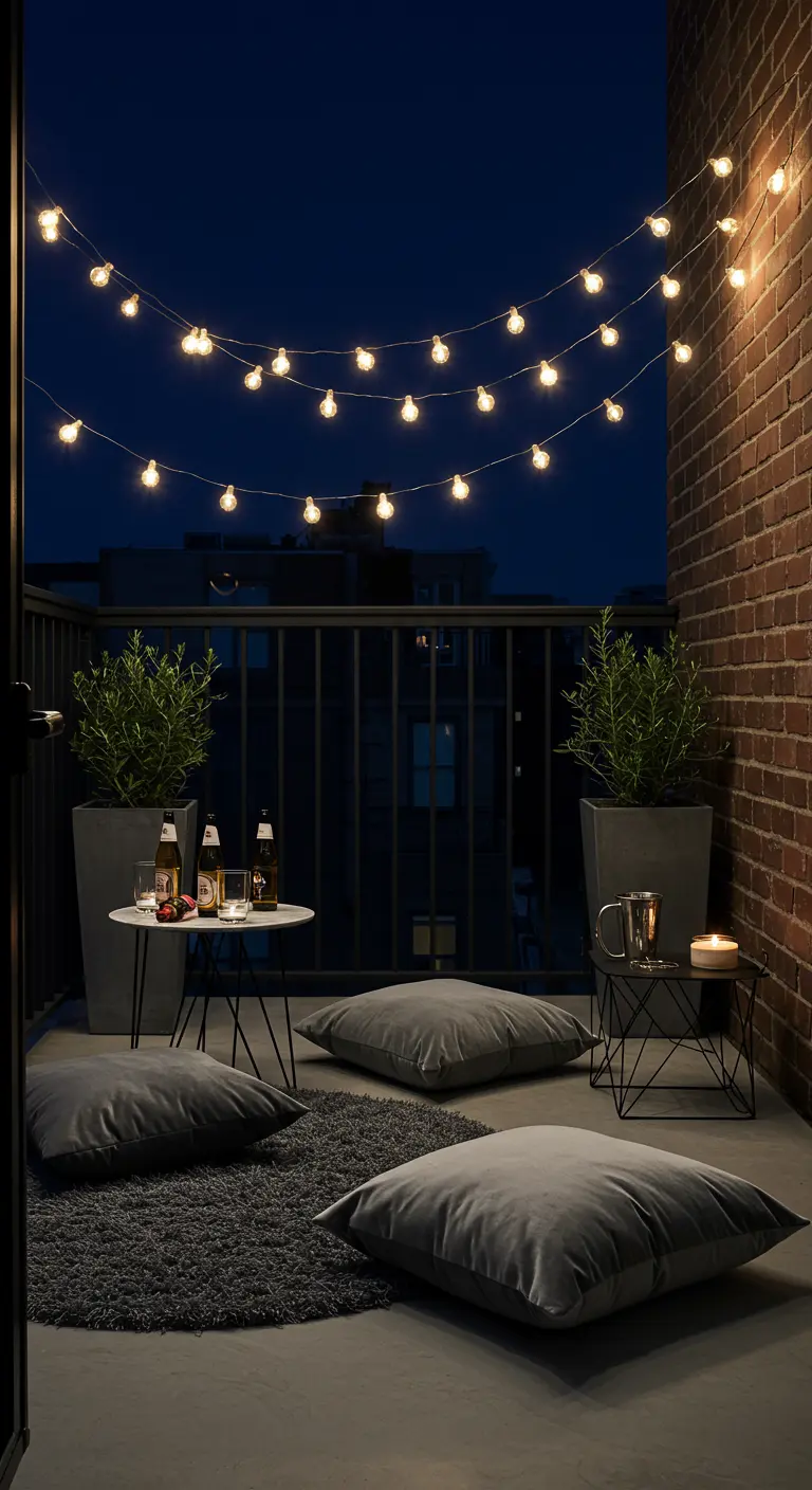 Balcony with globe string lights, tall planters, and sleek grey velvet floor cushions.