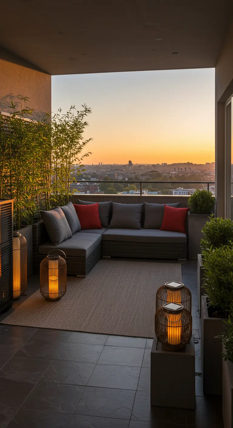 A modern balcony with a grey sectional sofa, neutral rug, and bamboo lanterns at sunset.