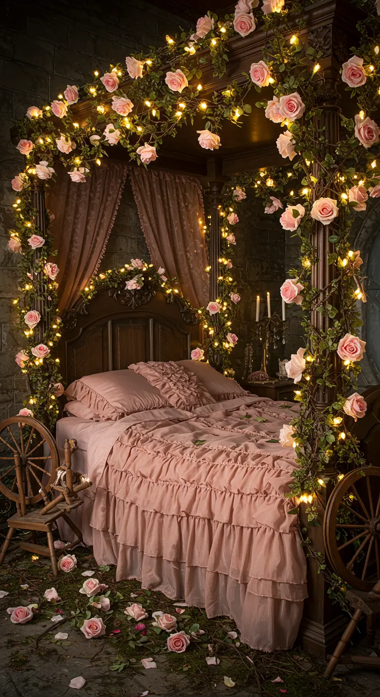Dark wood canopy bed lavishly decorated with pink roses and fairy lights.
