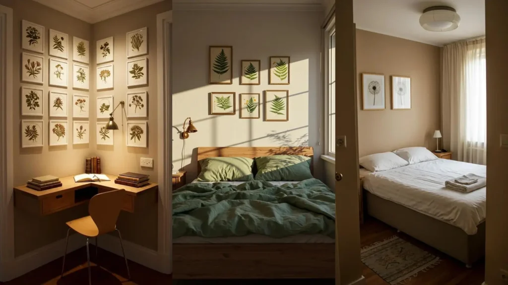 Cozy small apartment decor with botanical prints, natural light, and serene green hues for a retreat.