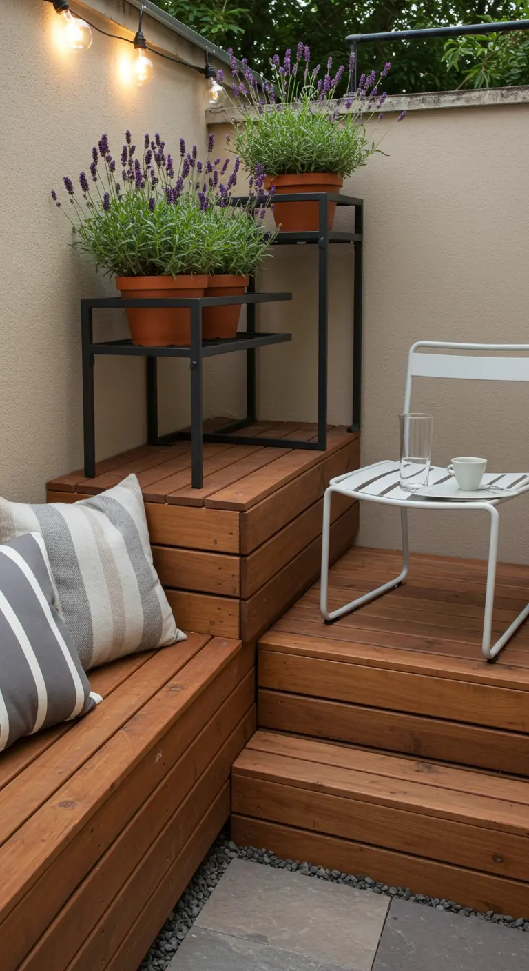A multi-level wooden deck with built-in seating, striped cushions, and potted lavender on a stand.