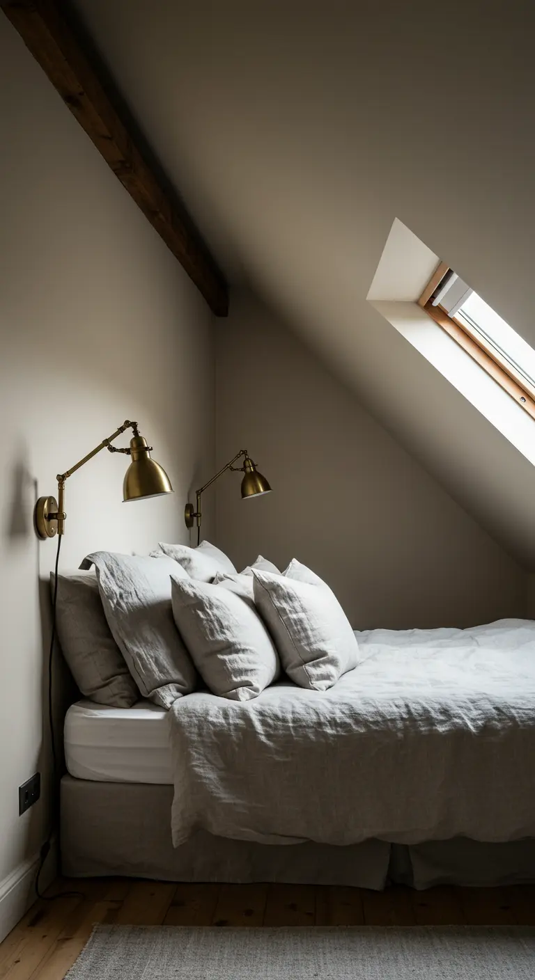 Cozy attic bedroom with a slanted ceiling and two brass wall-mounted sconces over the bed.