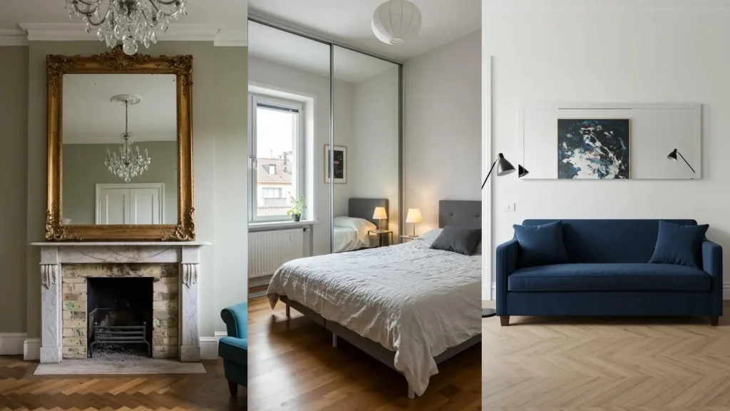 Stylish mirror placements in a bedroom, living room, and above a fireplace, creating the illusion of more space in small rooms.