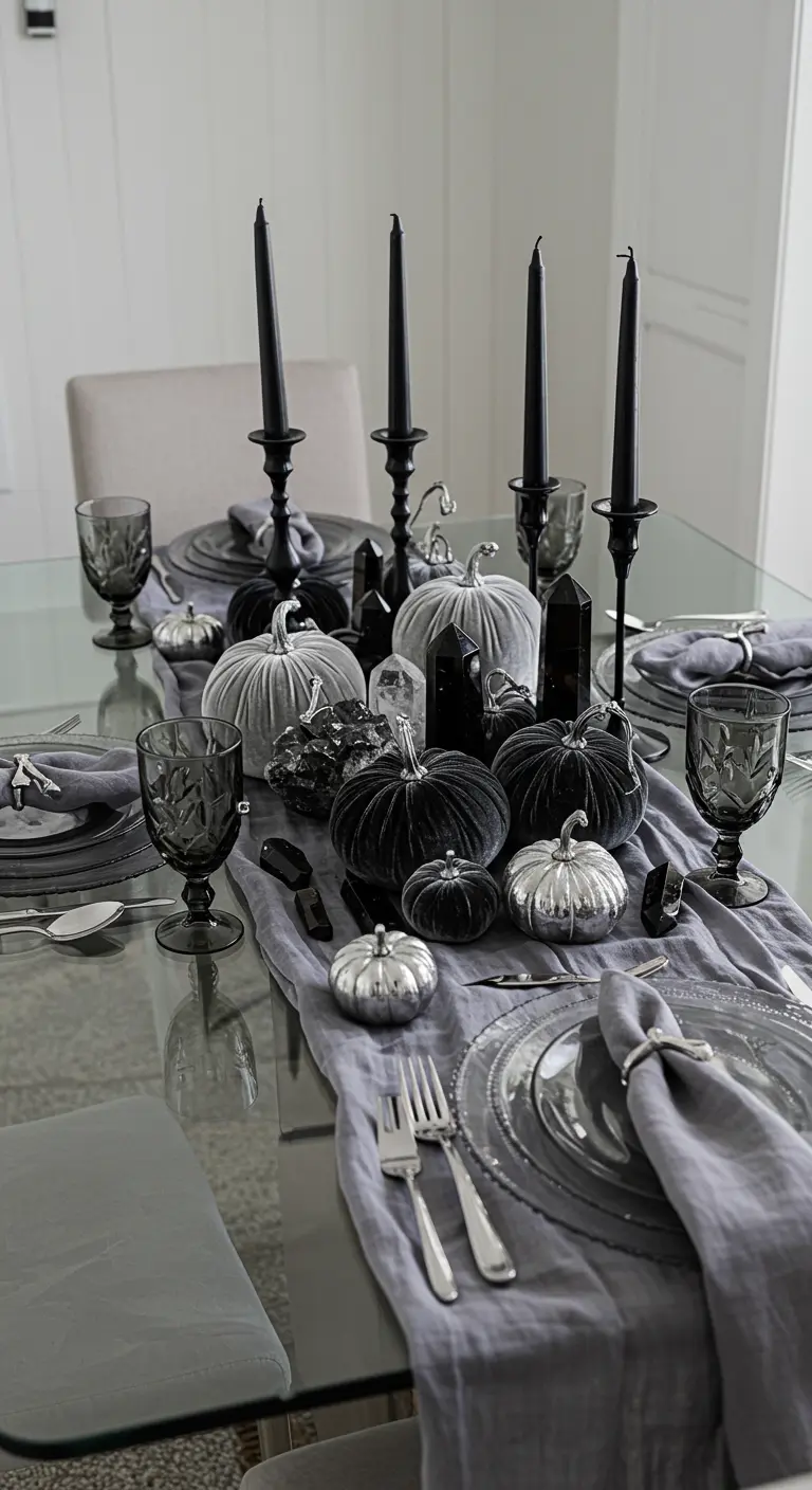 A monochrome gray tablescape with gray velvet pumpkins, black crystals, and silver accents.