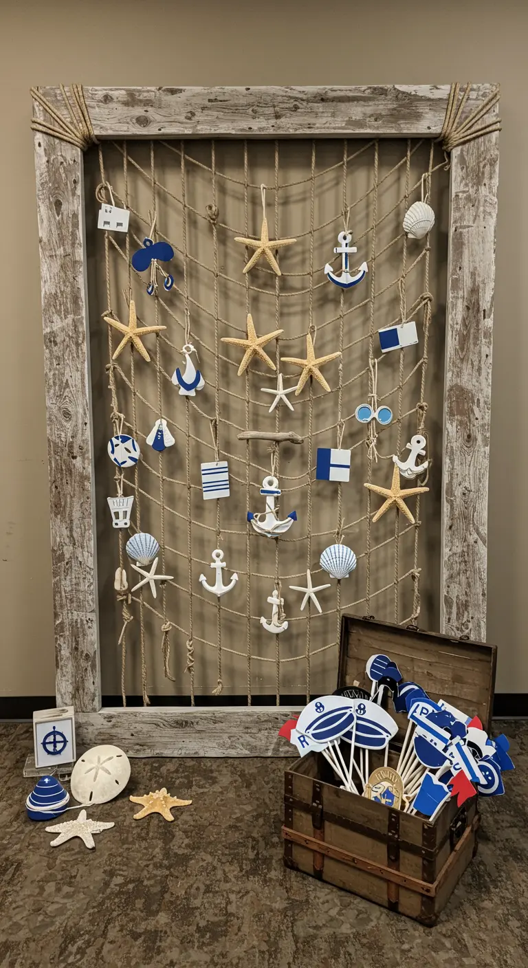 DIY nautical photo booth backdrop with a rustic frame, rope grid, and seaside props.