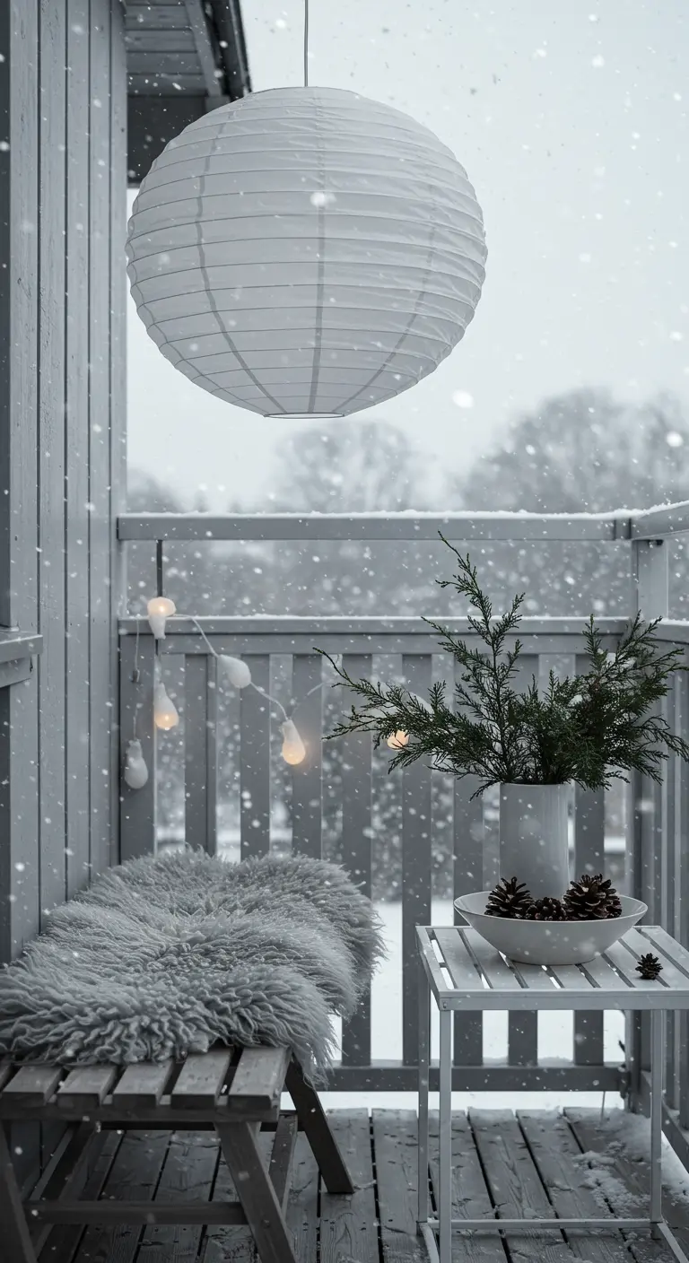 Snowy white balcony with a paper lantern, white throw, and a bowl of pinecones.