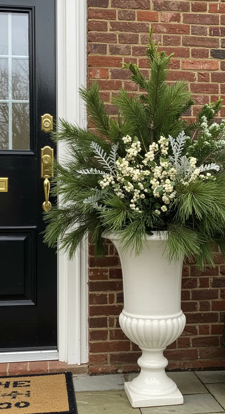 A white urn by a black door, filled with pine, silvery foliage, and white snowberries.