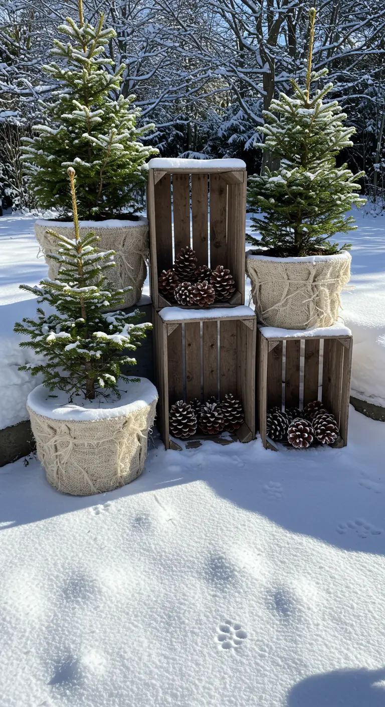 Small Christmas trees in burlap, stacked crates, and pinecones in a snowy outdoor scene.