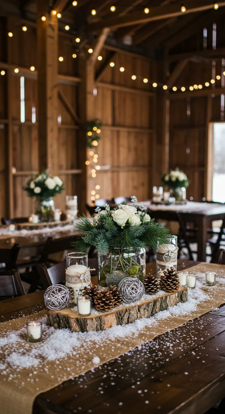 Winter wedding centerpiece with white roses, pinecones, and faux snow.