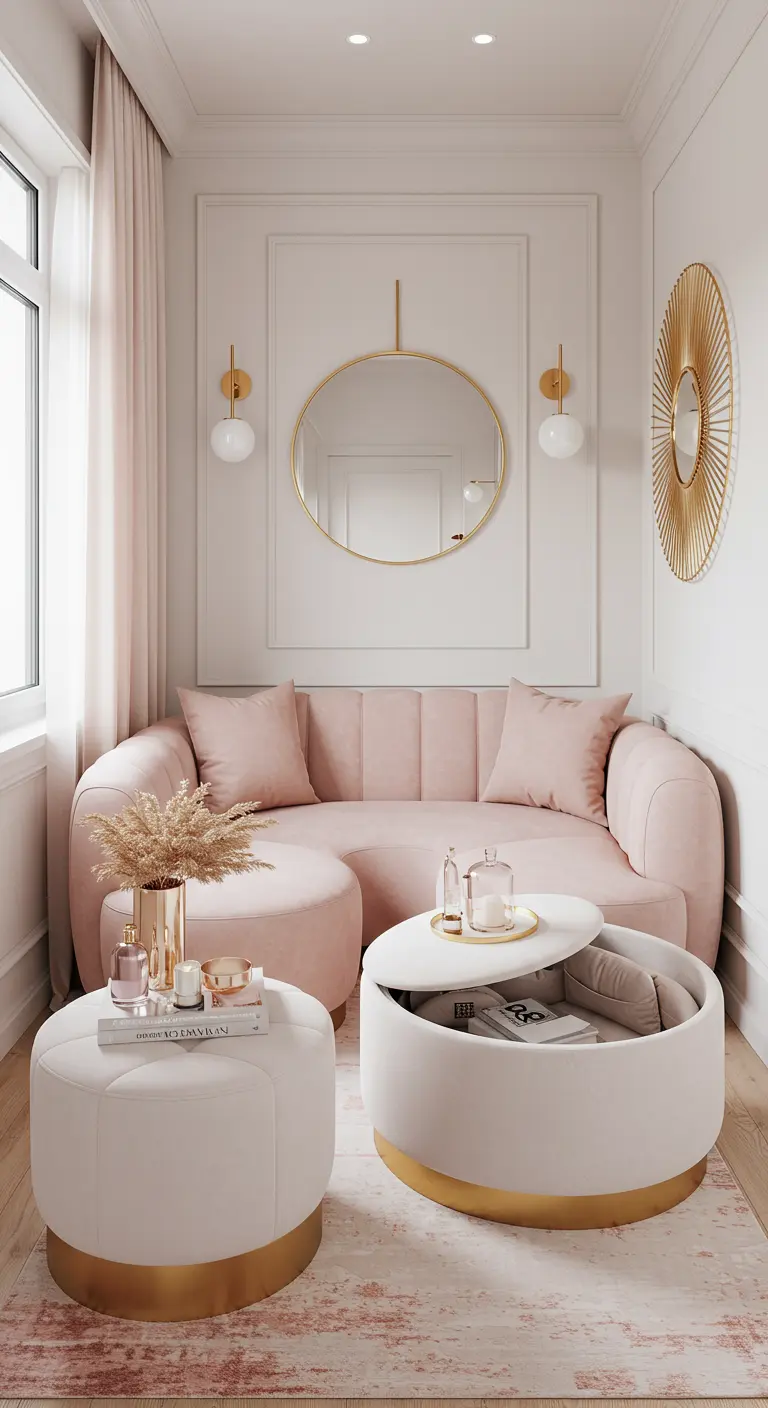 Blush pink curved sofa with a white and gold storage coffee table in a narrow room.