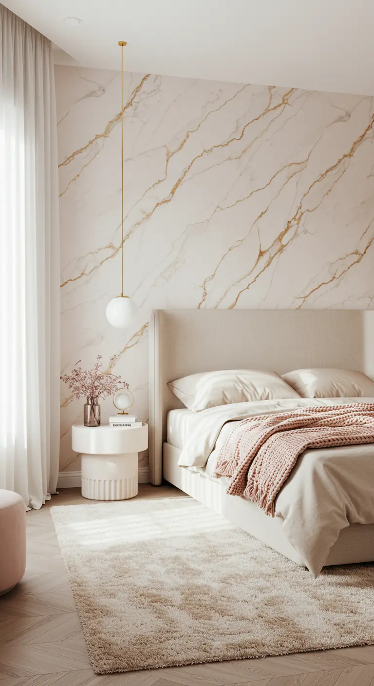 A light and airy bedroom with a white and gold marble wall, beige bed, and blush pink accents.