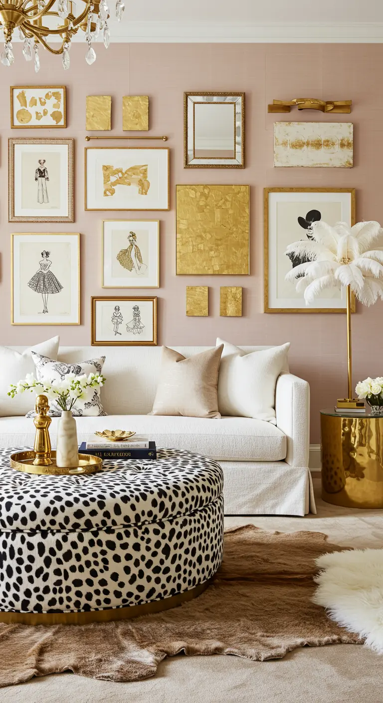 Glamorous living room with a pink wall, white sofa, gold-leaf art, and a dalmatian print ottoman.