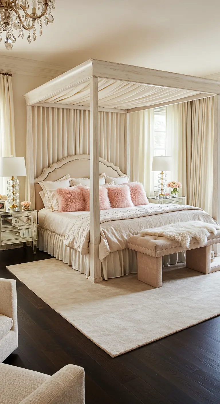 Cream canopy bed with blush pink faux fur pillows and mirrored nightstands.