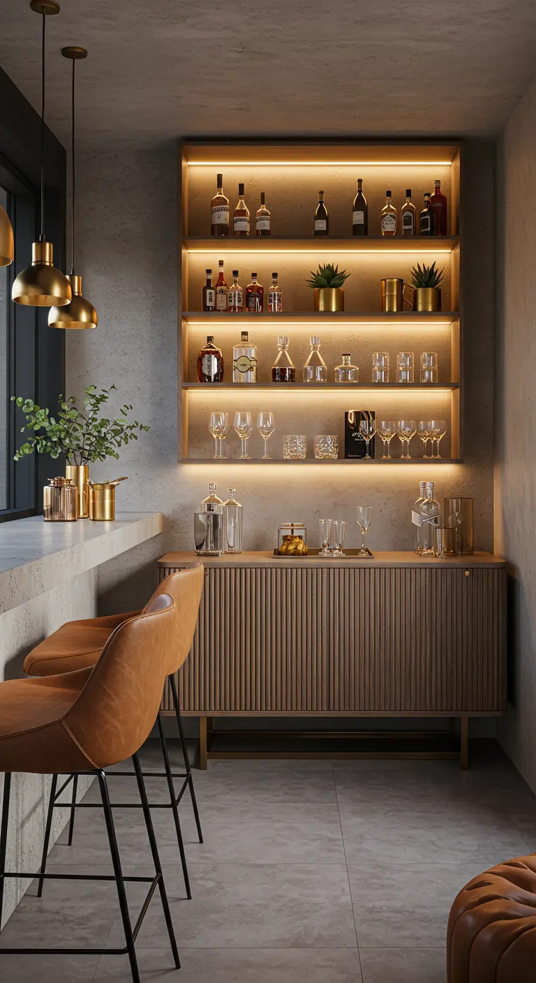 Industrial-style bar with a fluted wood cabinet, tan leather chairs, and brass lights.