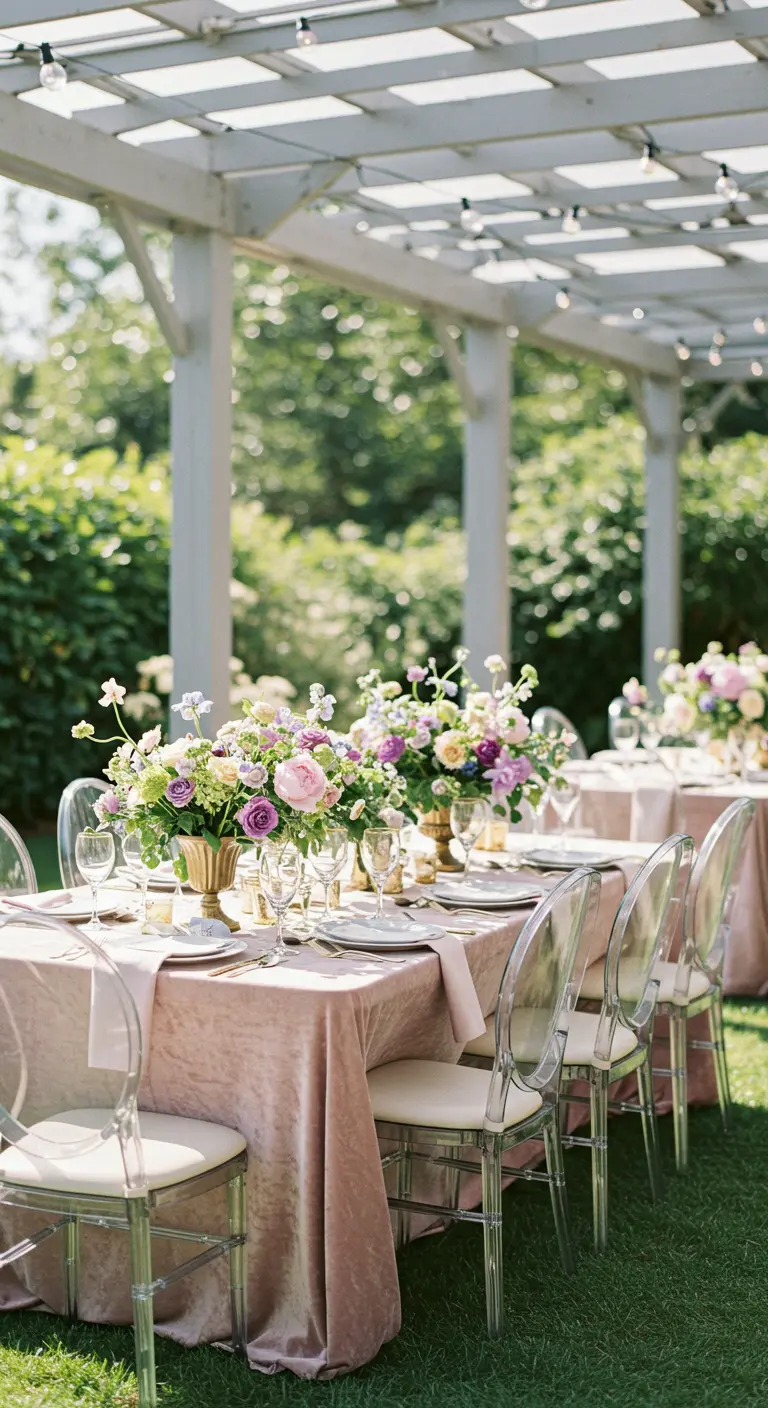 Outdoor garden setting with light pink velvet tables, pastel floral centerpieces, and clear chairs.