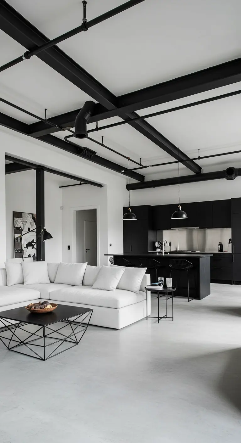 Loft living room with exposed black beams, white sectional, and black kitchen.