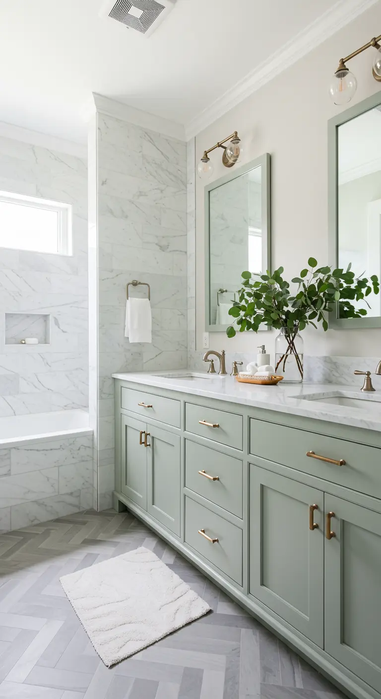 Bathroom with a sage green vanity, marble walls, and brass hardware.