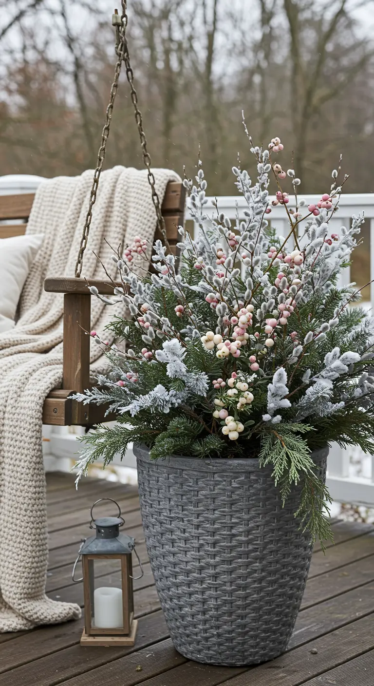 A grey woven planter with pastel pink and white berries next to a porch swing.