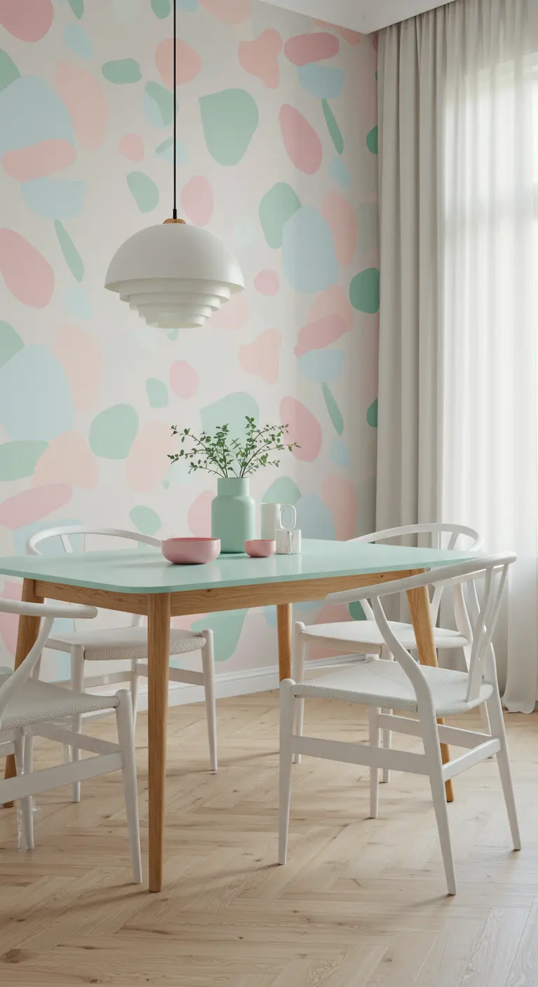 Dining room with pastel terrazzo wallpaper, a mint green table, and white chairs.