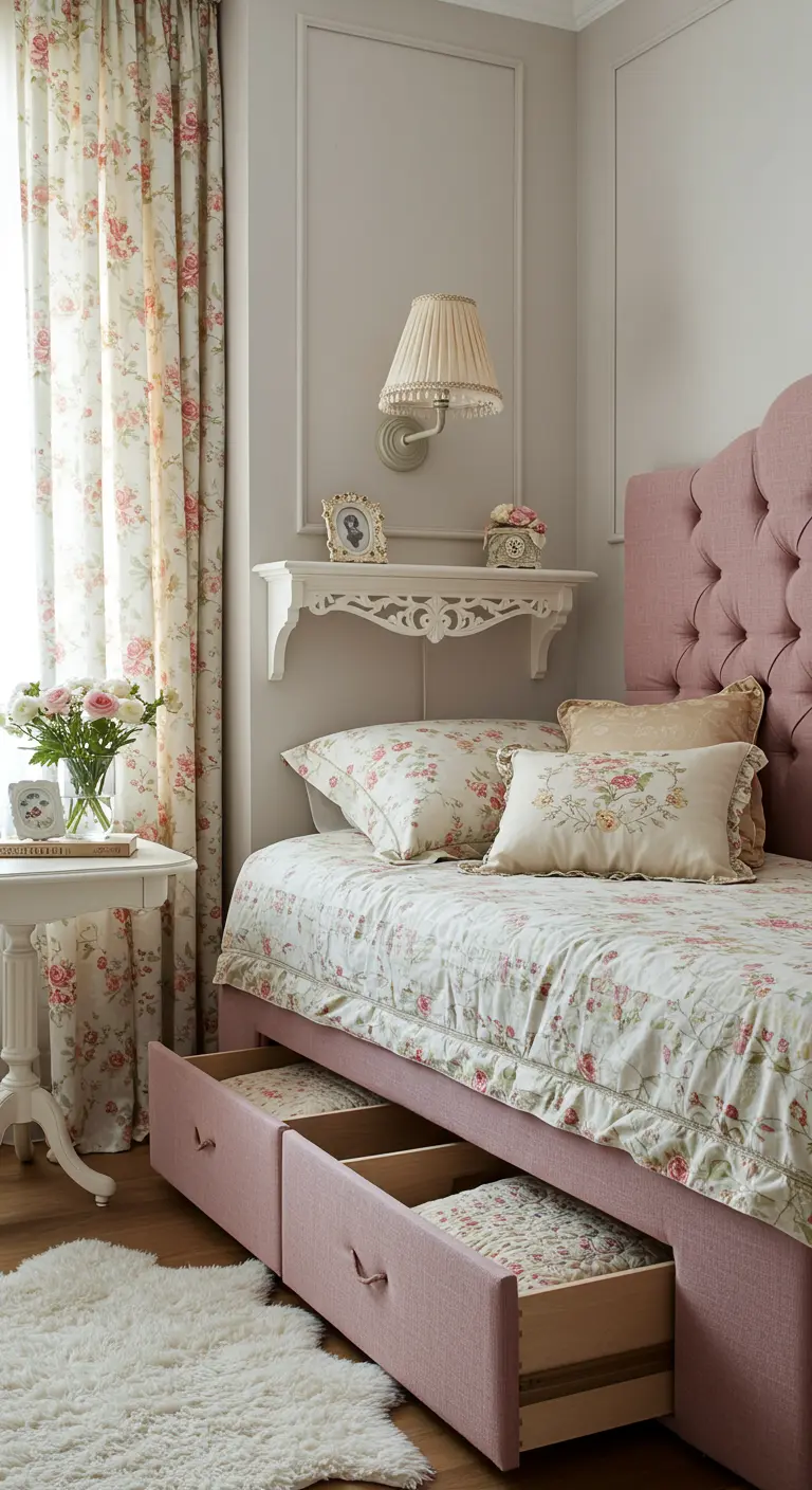 Romantic bedroom with pink tufted bed, floral bedding, and under-bed drawers.
